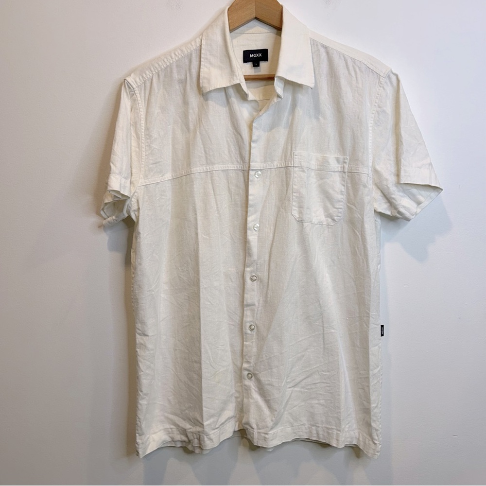 Mexx Men’s Short Sleeve Linen Button Up Camp Shirt Cream